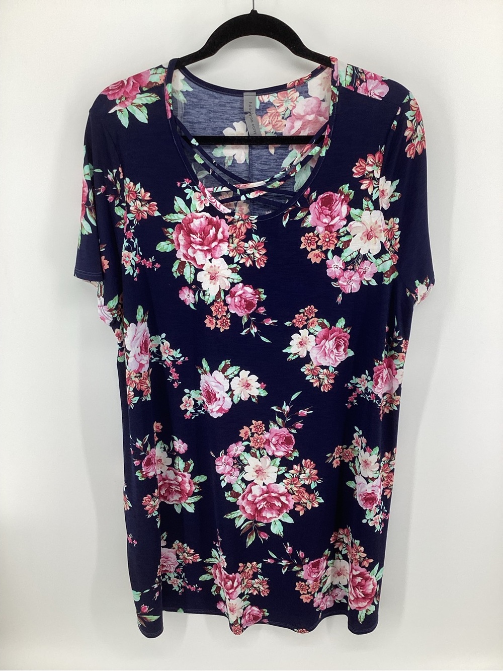 Honeyme Navy Floral Crisscross Midi Dress with Pink Blooms